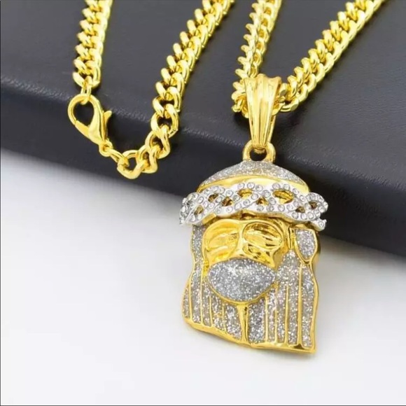 NEW Mens Jesus face crown gold color necklace